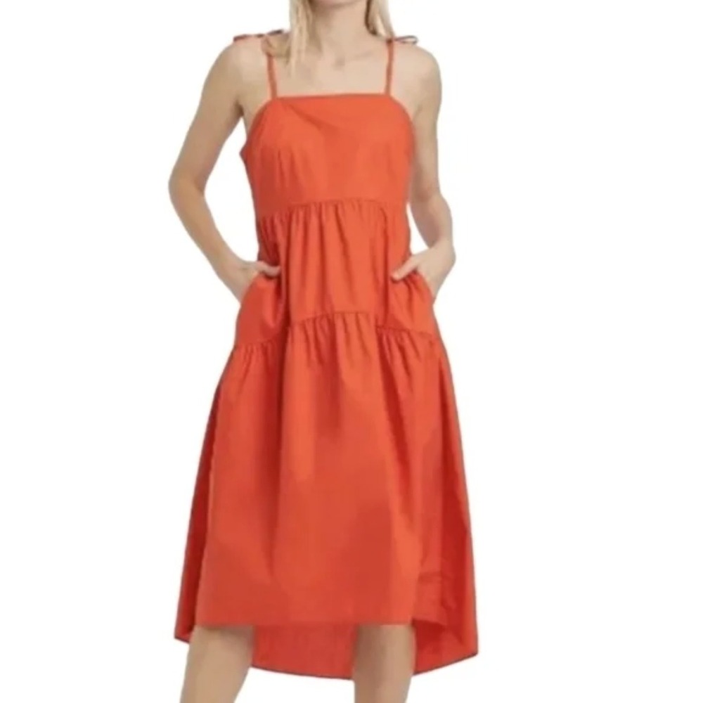 Who What Wear Womens Red Cotton Tiered Tie Strap Midi Sundress‎ Medium